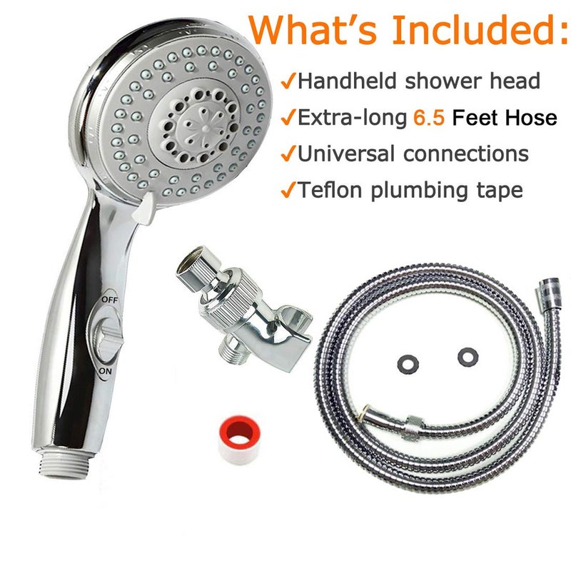 HauSun Handheld Shower Head with On/Off Switch - 5 Spray Settings 6.5 Feet Extra Long Hose High Pressure with Bathroom Faucet Kit - Universal Adapter Holder Mount for Wall,Chrome Finish - Image 3